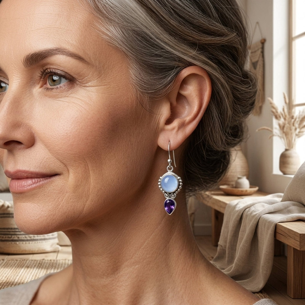 Sterling Silver Moonstone Amethyst Drop Earrings