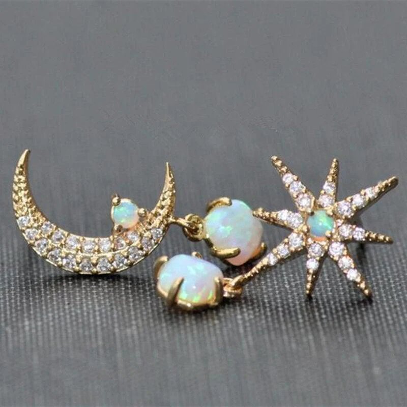 Gold Plated Opal Moon Star Dangle Earrings