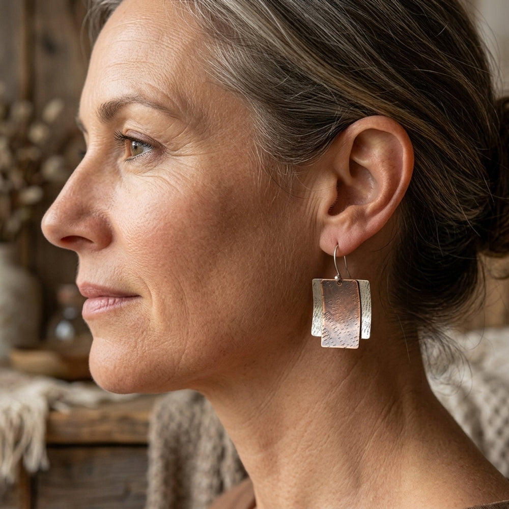 Hammered Mixed Metal Square Earrings