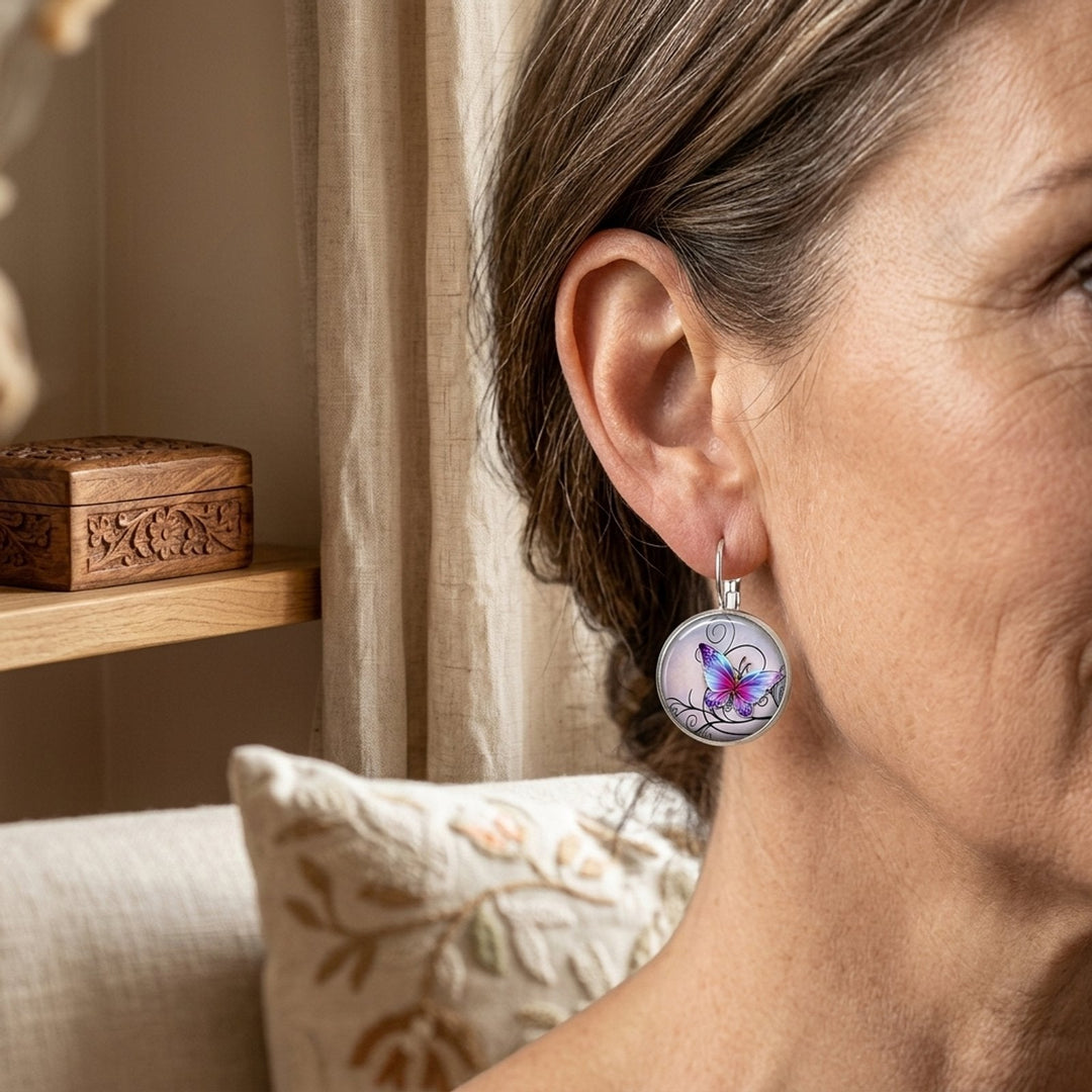 Glass Dome Butterfly Lever-Back Earrings