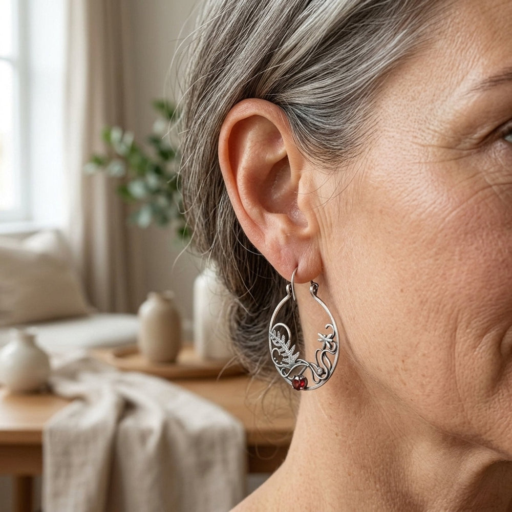 Sterling Silver Botanical Hoop Earrings