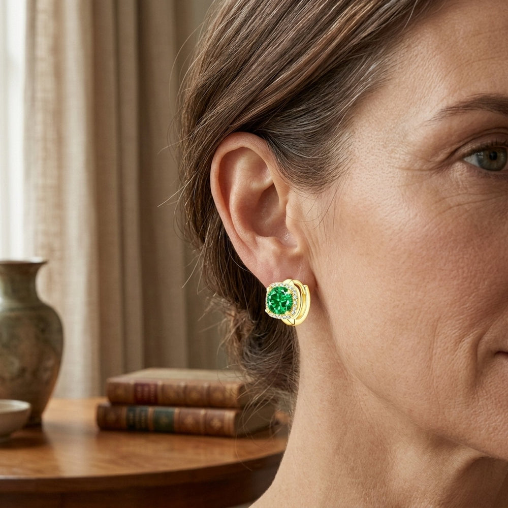 Gold-Plated Emerald Halo Huggie Earrings