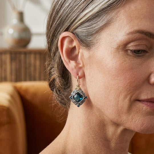 Faceted Drop Earrings with Ornate Filigree Frame