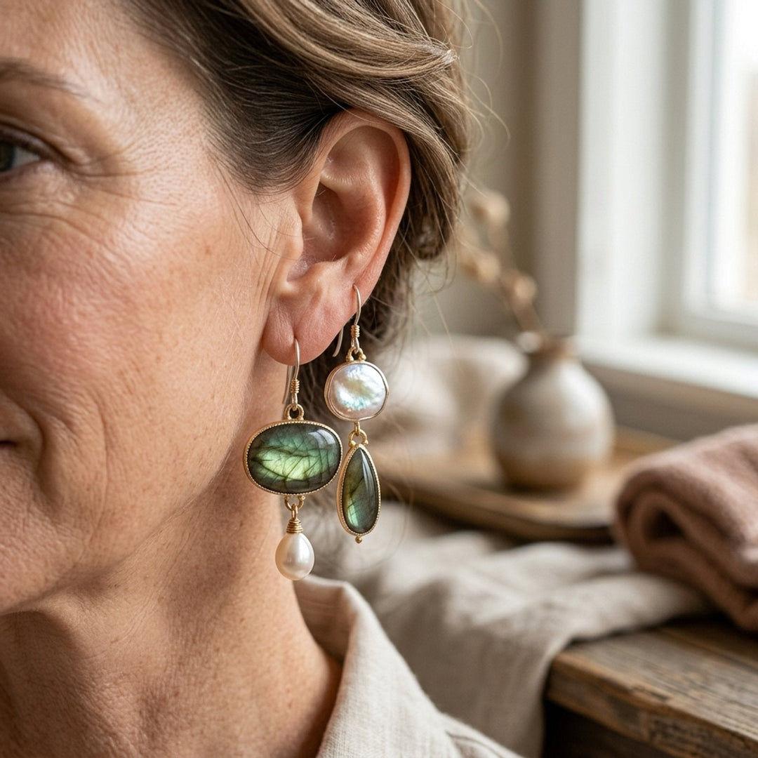 Mixed Stone Pearl Drop Earrings
