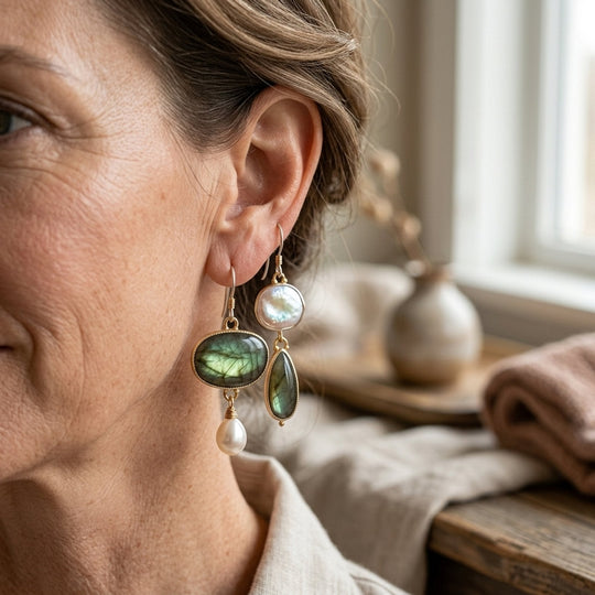 Mixed Stone Pearl Drop Earrings