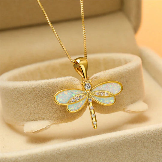 Opal Inlay Gold-Plated Dragonfly Pendant Necklace