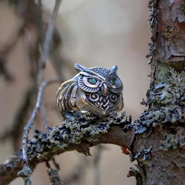 Sterling Silver Owl Ring with Emerald Eyes