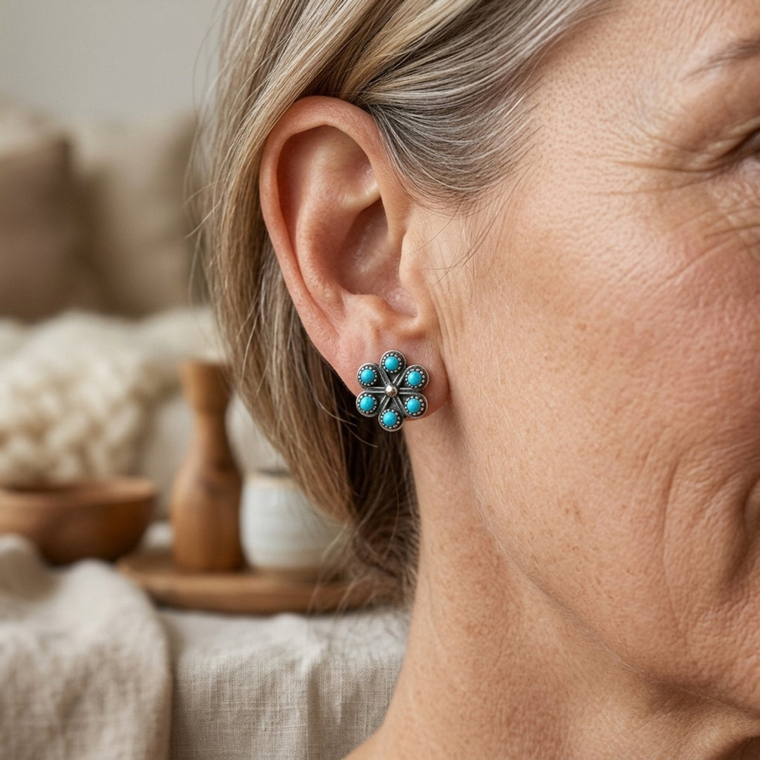 Sterling Silver Turquoise Stone Flower Stud Earrings
