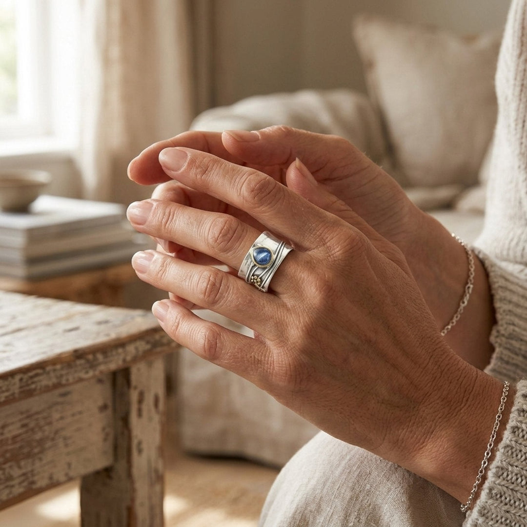 Antiqued Silver Sapphire Wide Band Ring
