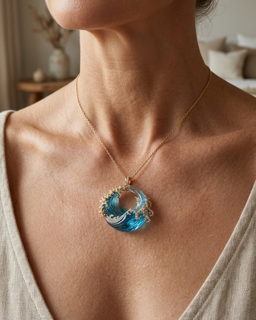 Wave Pendant Necklace with Gold Chain
