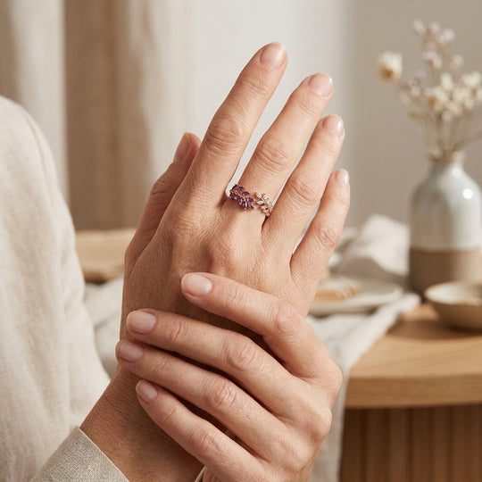 Open-Band Amethyst Leaf Ring