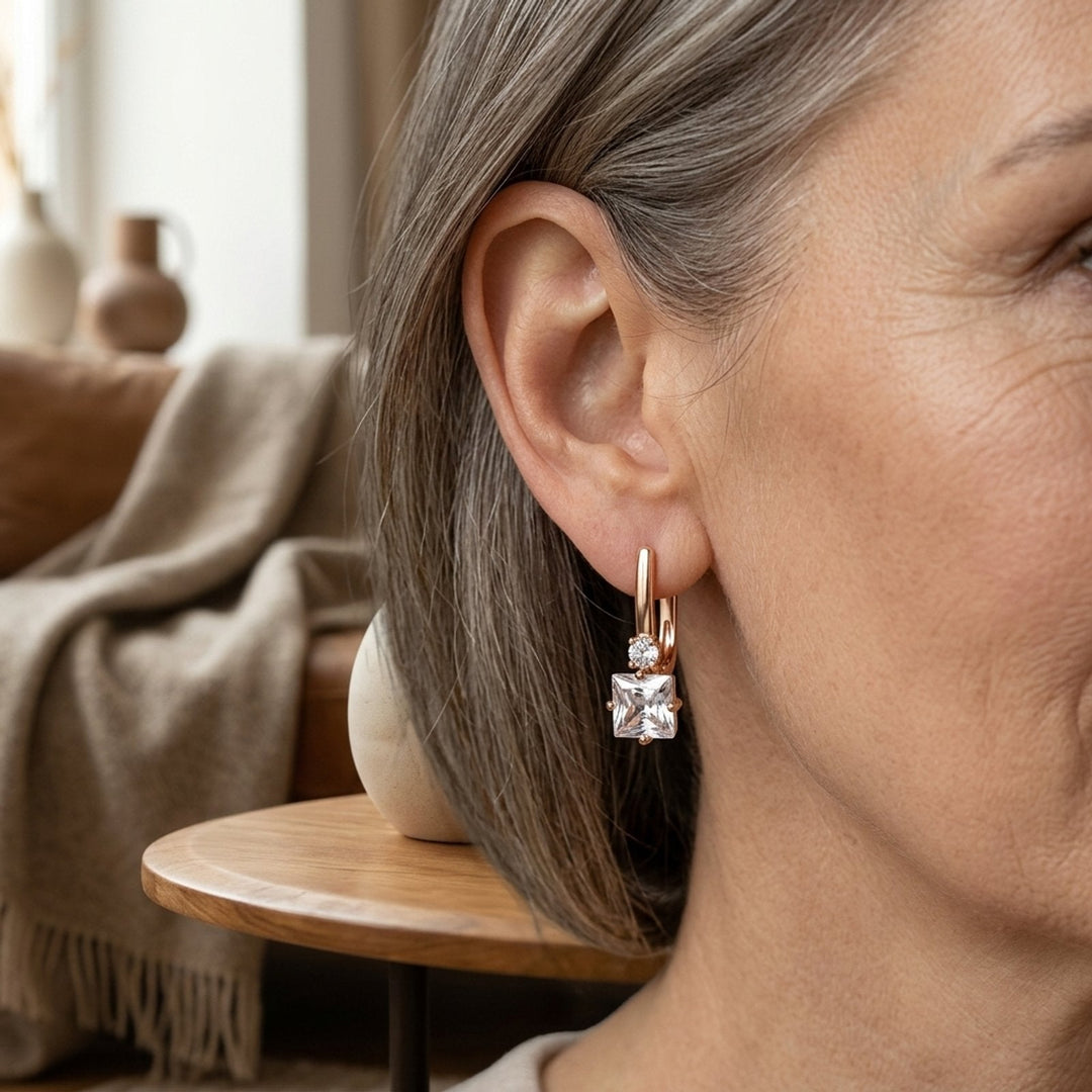Square Zirconia Drop Leverback Earrings