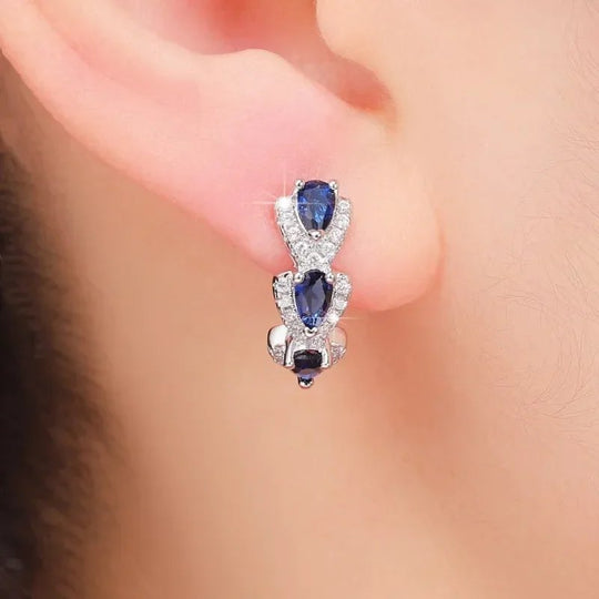 Sterling Silver Pear-Cut Sapphire Diamond Halo Hoop Earrings