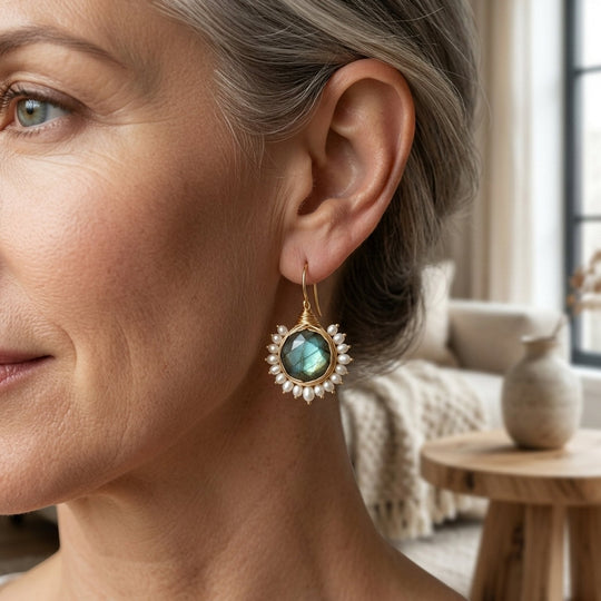 Wire-Wrapped Gemstone Pearl Drop Earrings
