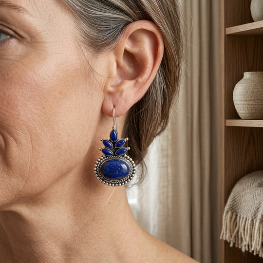Sterling Silver Beaded Lapis Drop Earrings