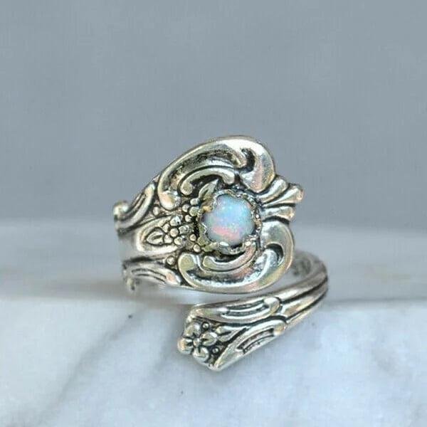 Adjustable Sterling Silver Opal Spoon Ring