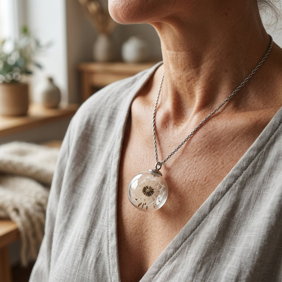 Glass Sphere Dandelion Seed Pendant Necklace