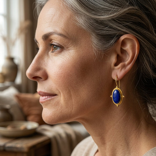 Gold Plated Oval Lapis Lazuli Drop Earrings