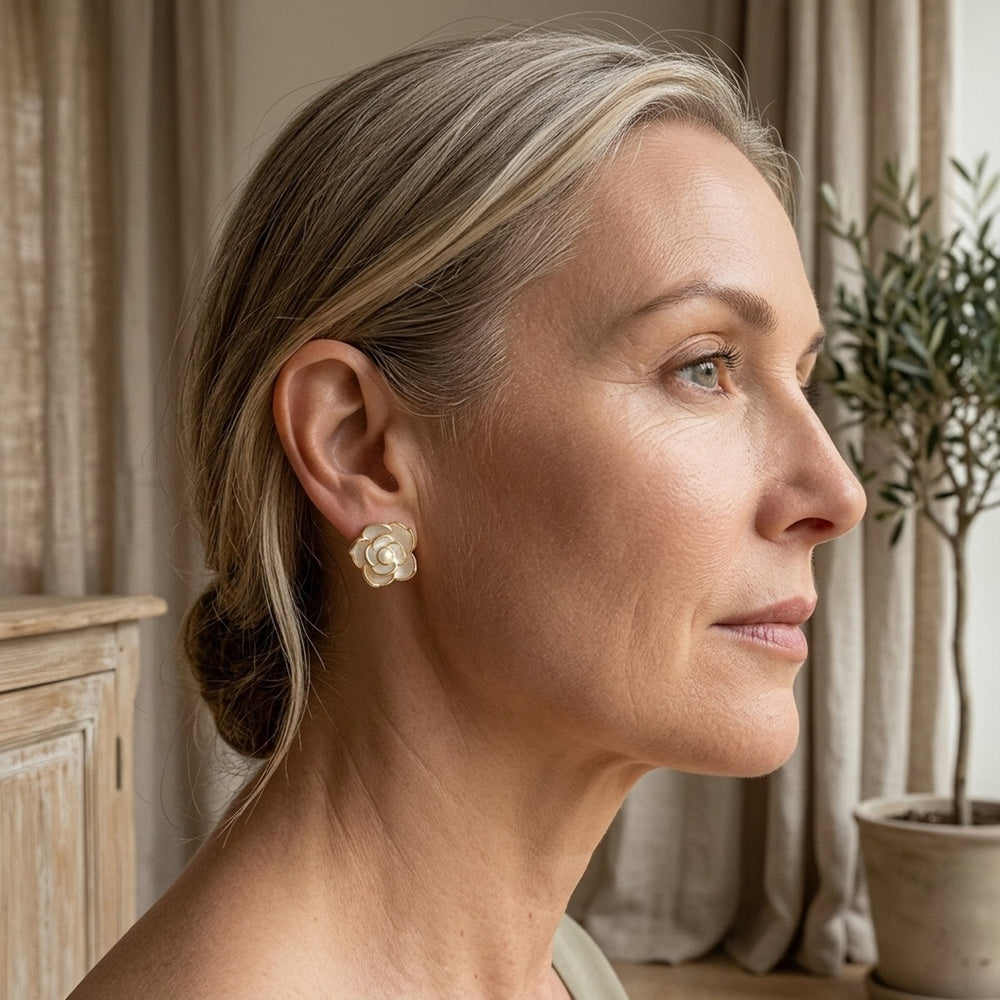 Gold-Plated Floral Pearl Stud Earrings