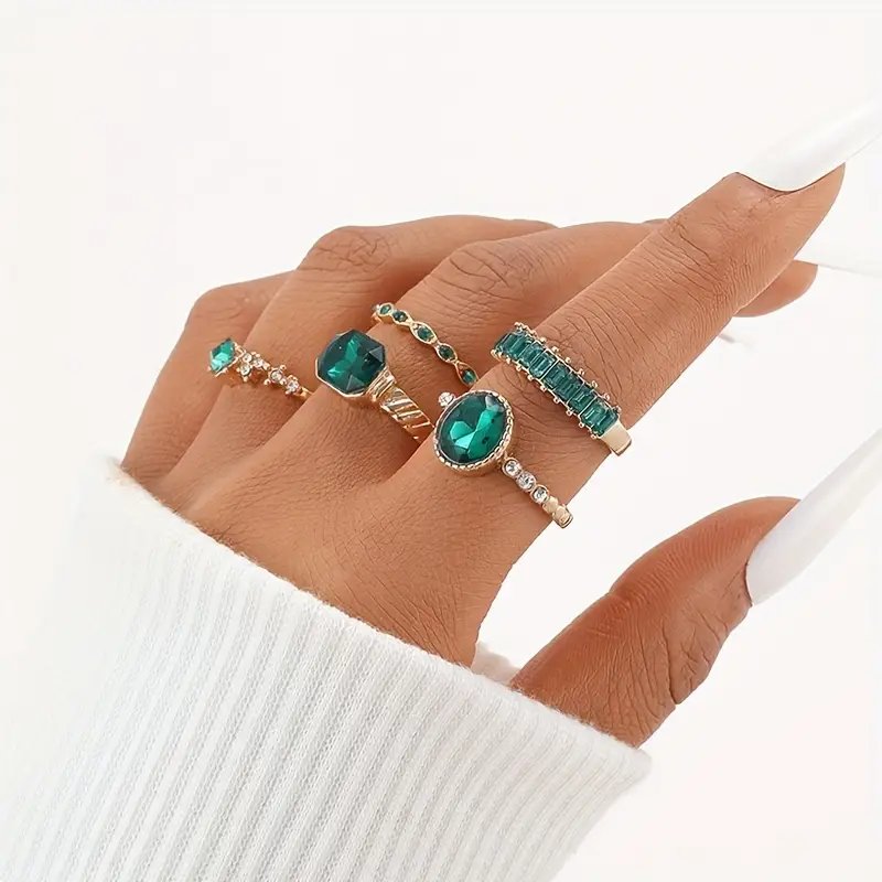 Gold-Plated Emerald Stone Ring Set