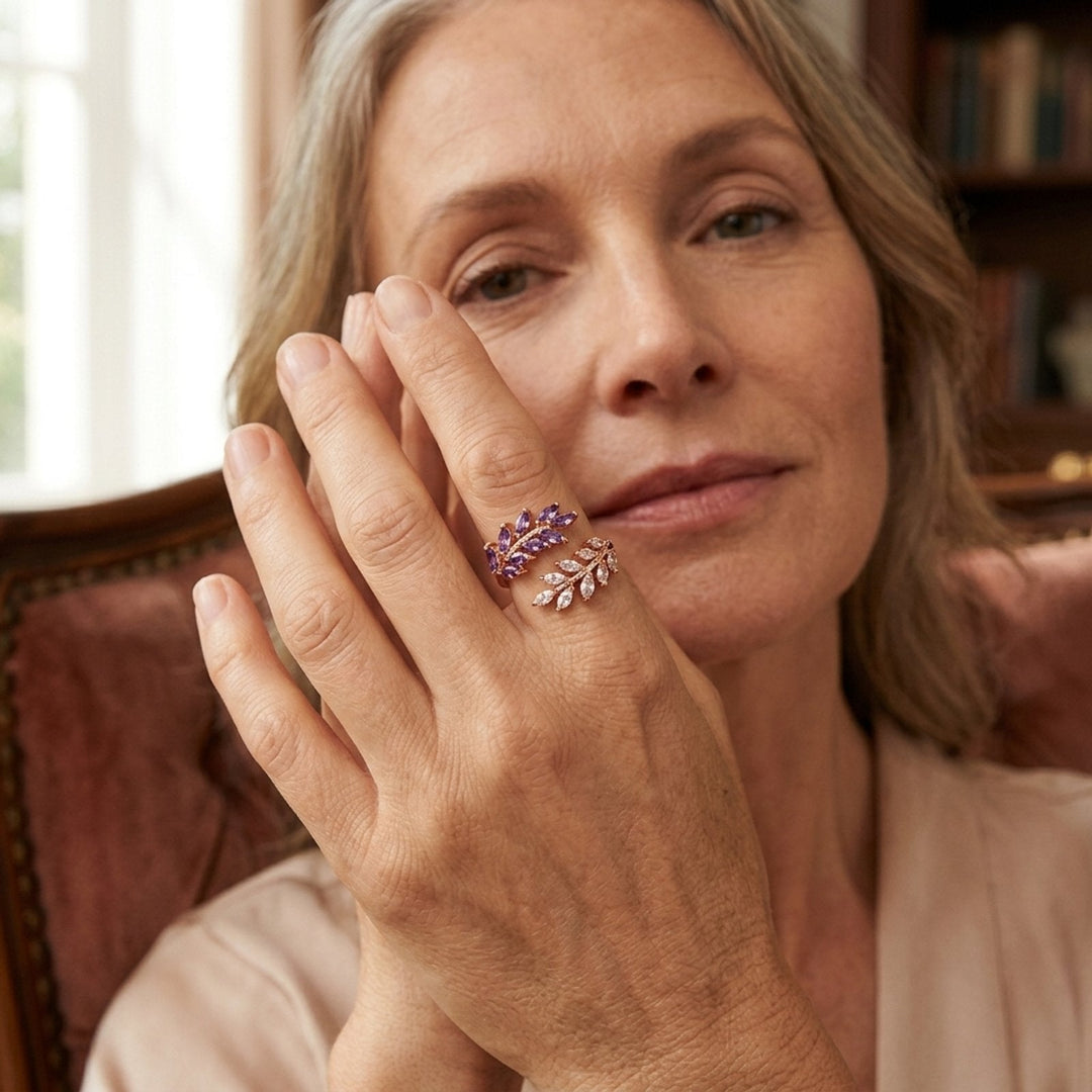 Open-Band Amethyst Leaf Ring