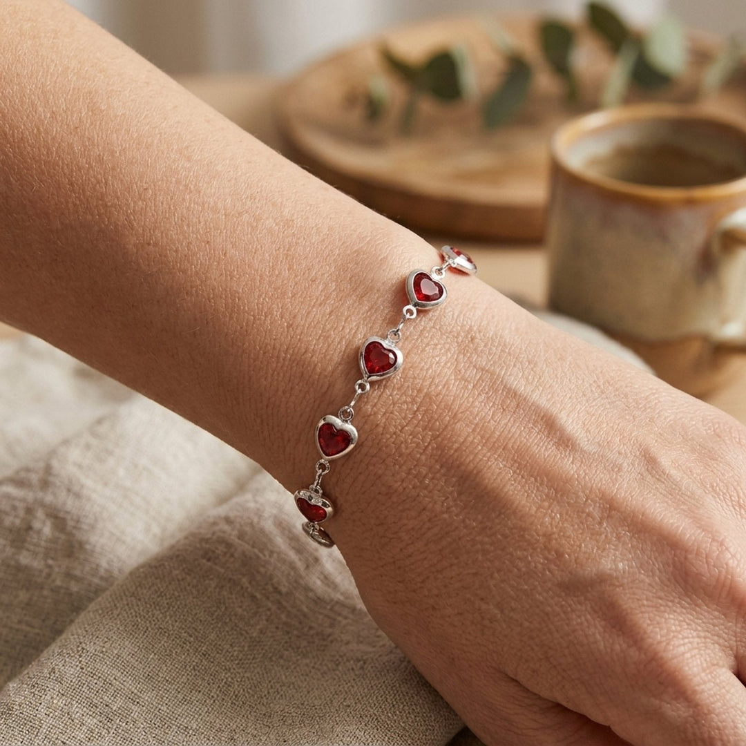 Sterling Silver Heart-Shaped Gemstone Chain Bracelet