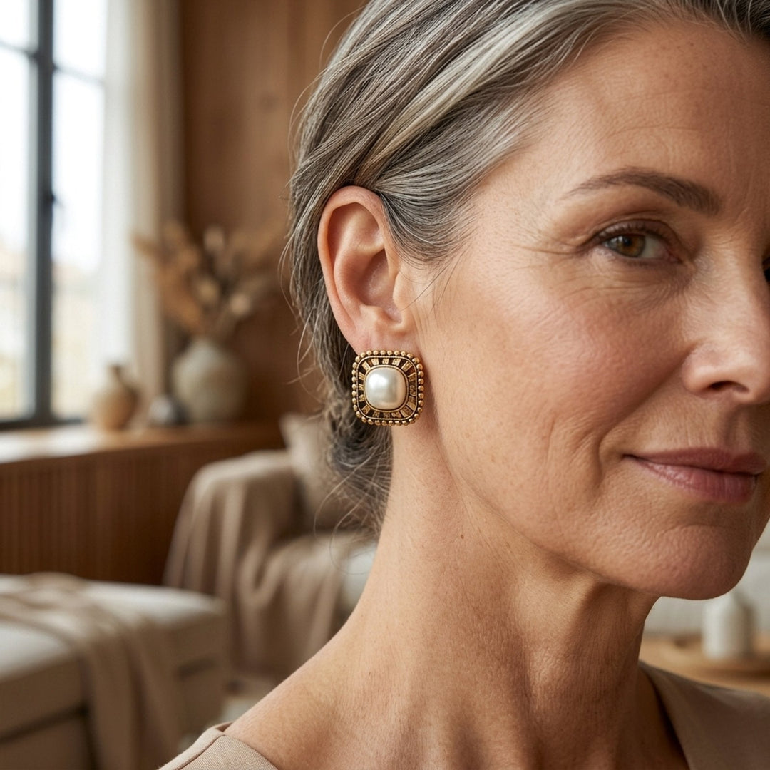 Gold-Plated Pearl Square Stud Earrings