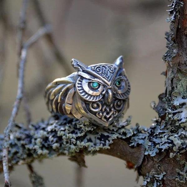Sterling Silver Owl Ring with Emerald Eyes