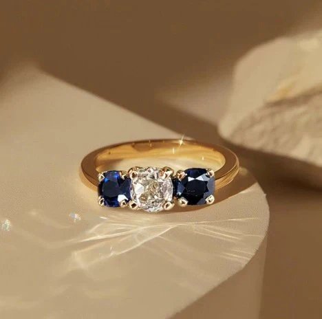 Three-Stone Sapphire Ring &amp; Diamond Curved Necklace Set