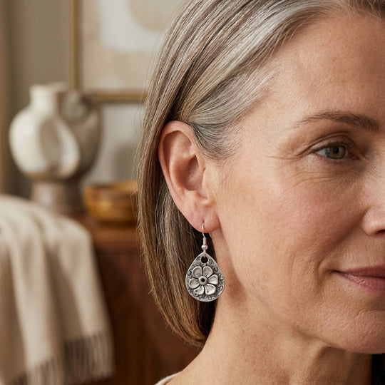 Sterling Silver Teardrop Floral Embossed Earrings