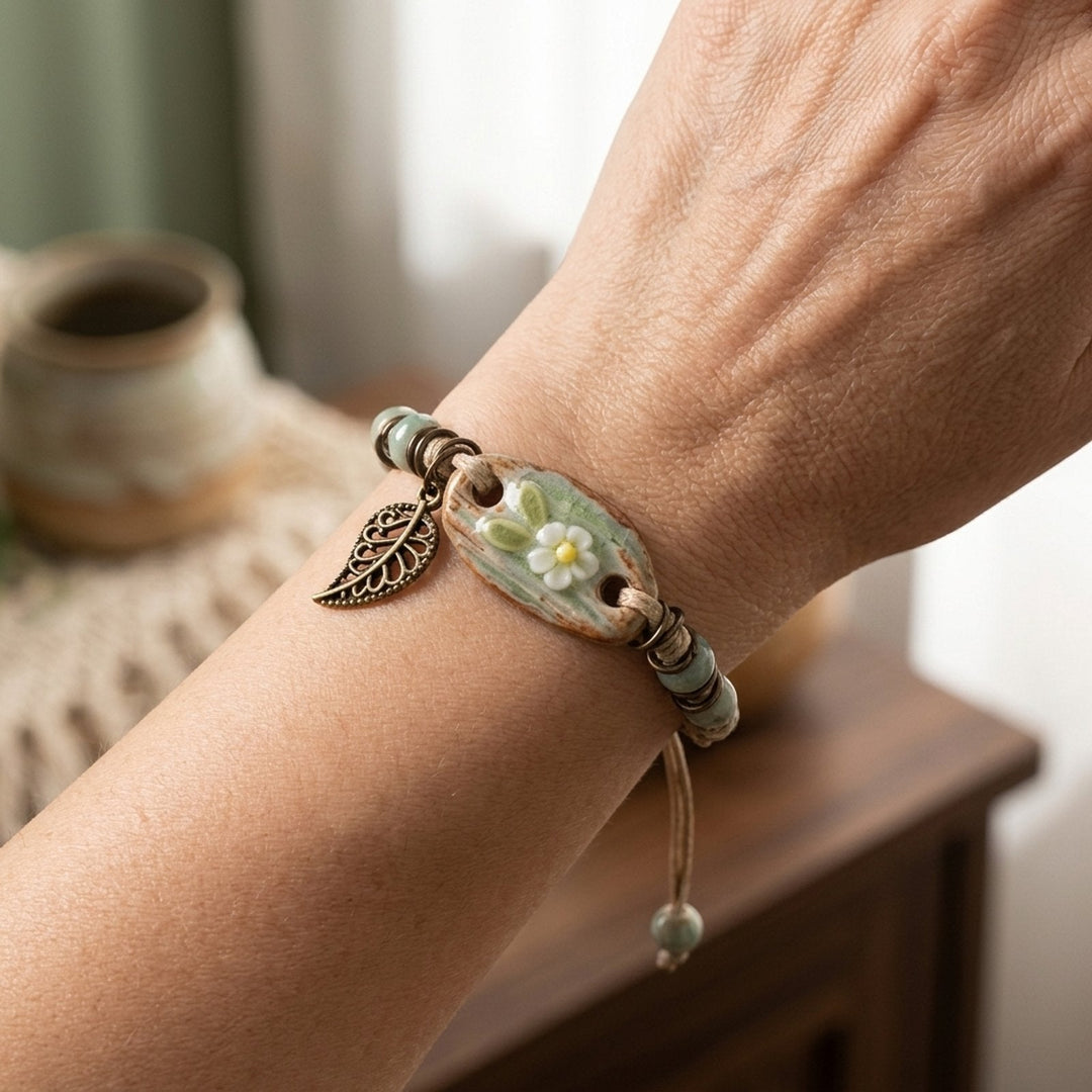 Adjustable Cord Ceramic Floral Charm Bracelet
