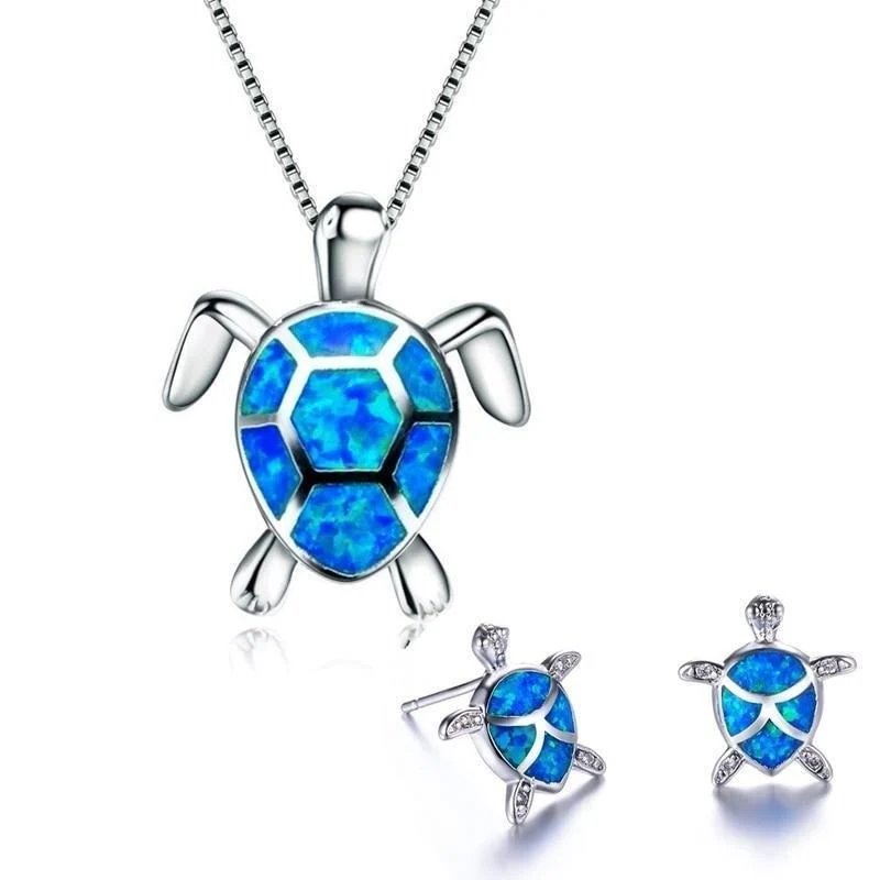 Opal Inlay Sterling Silver Sea Turtle Jewelry Set