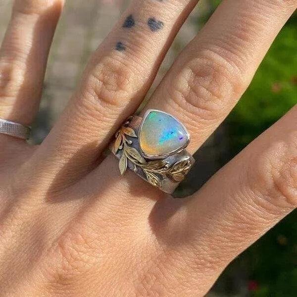 Teardrop Opal Sterling Silver Leaf Ring