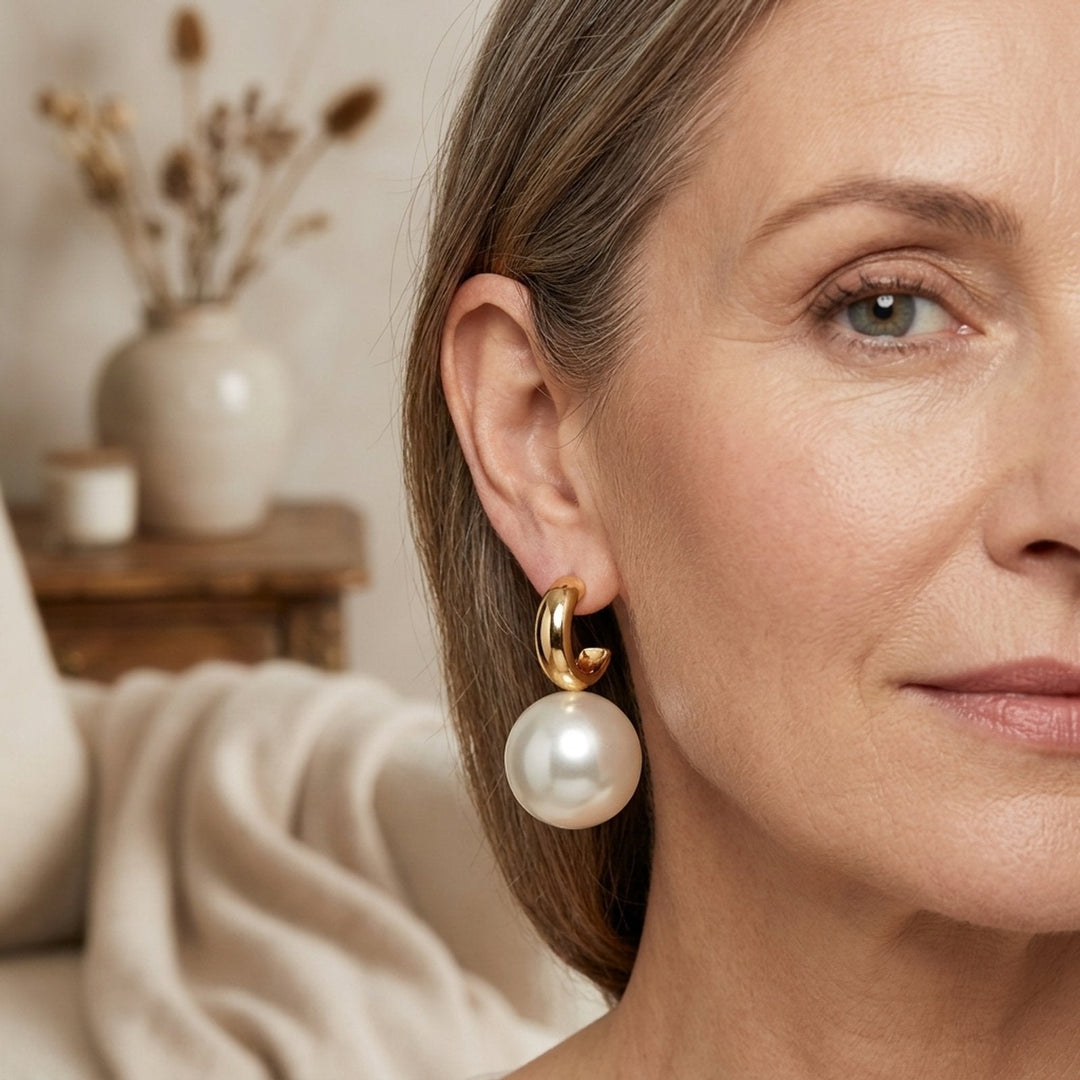 Large Gold-Tone Pearl Drop Earrings
