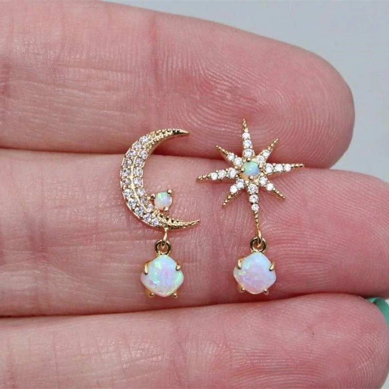 Gold-Plated Opal Drop Moon Star Earrings