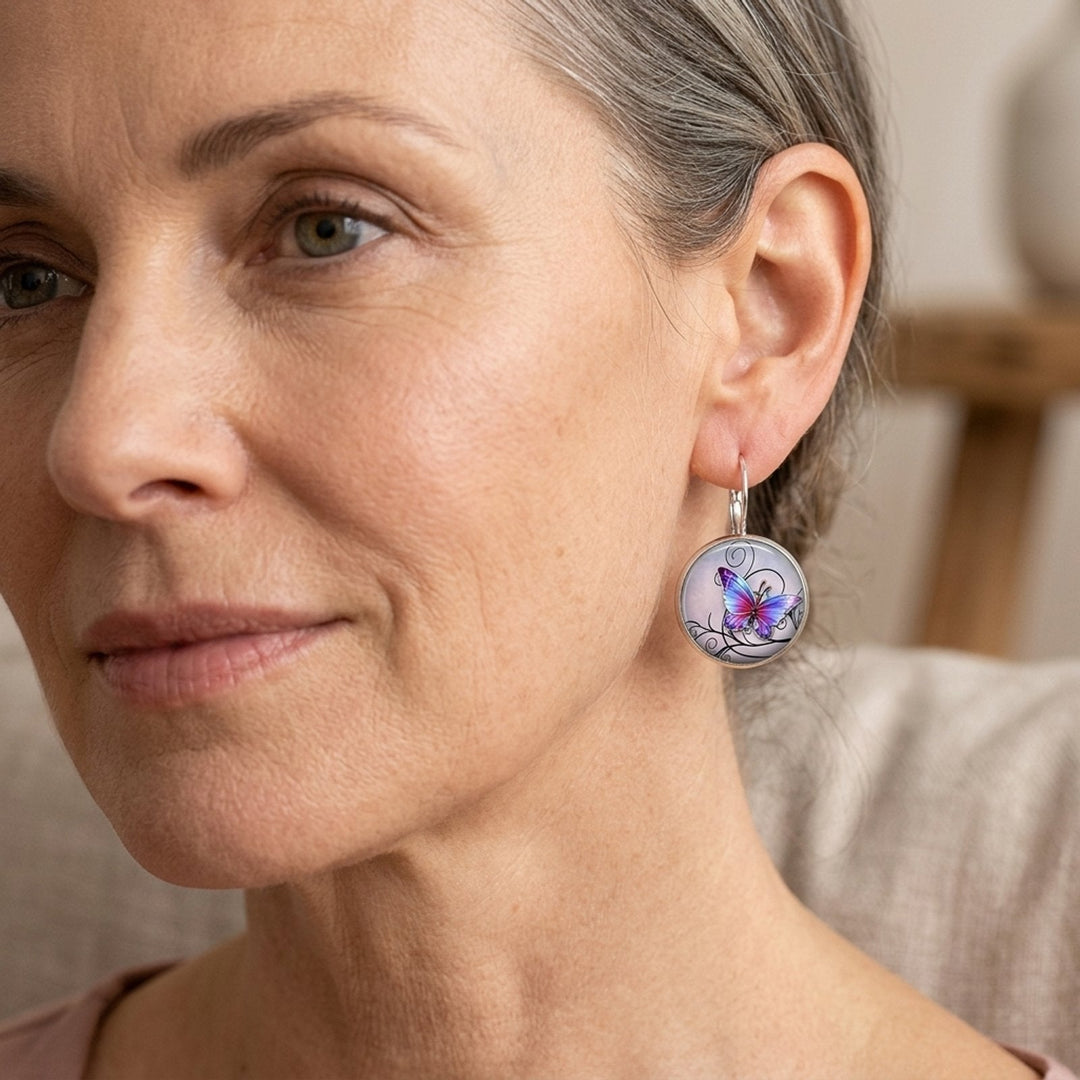 Glass Dome Butterfly Lever-Back Earrings