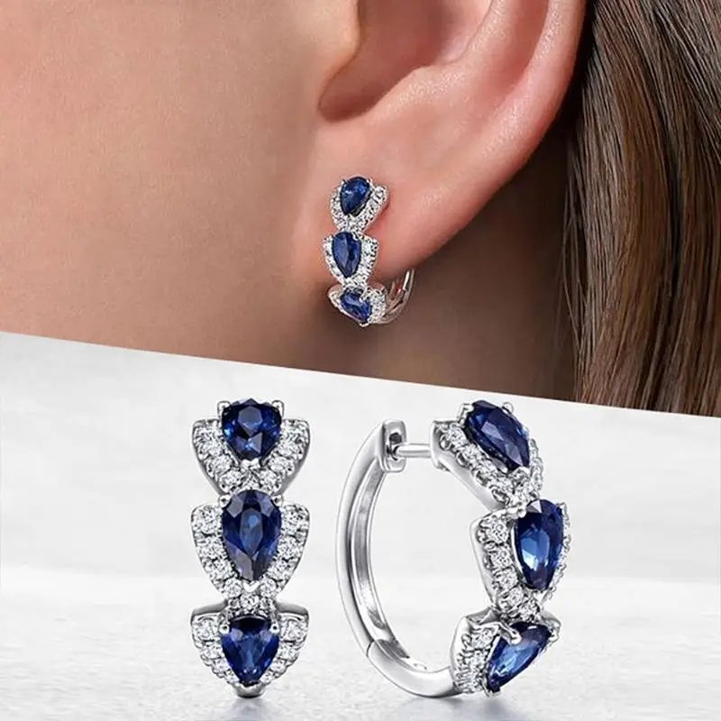 Sterling Silver Pear-Cut Sapphire Diamond Halo Hoop Earrings