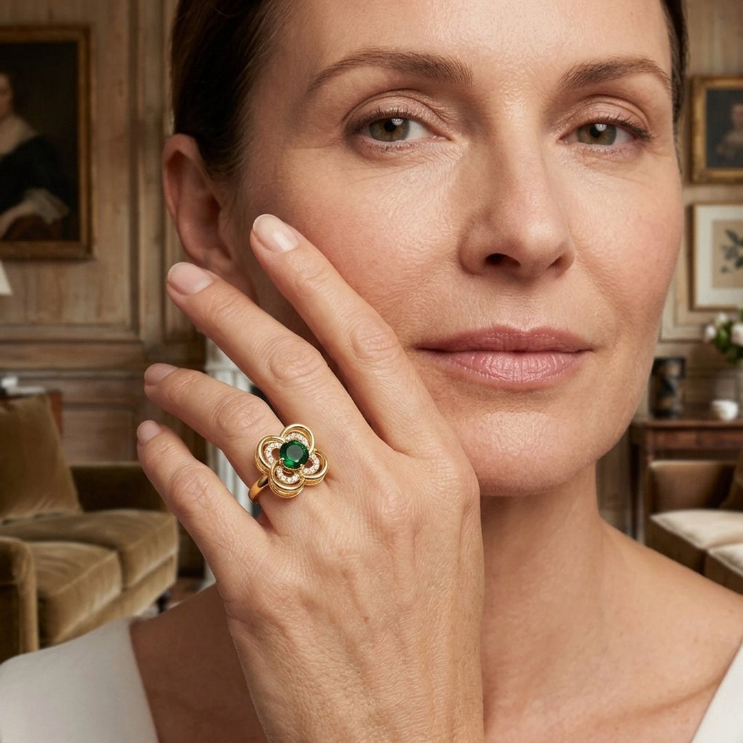 18K Gold Plated Emerald Flower Ring