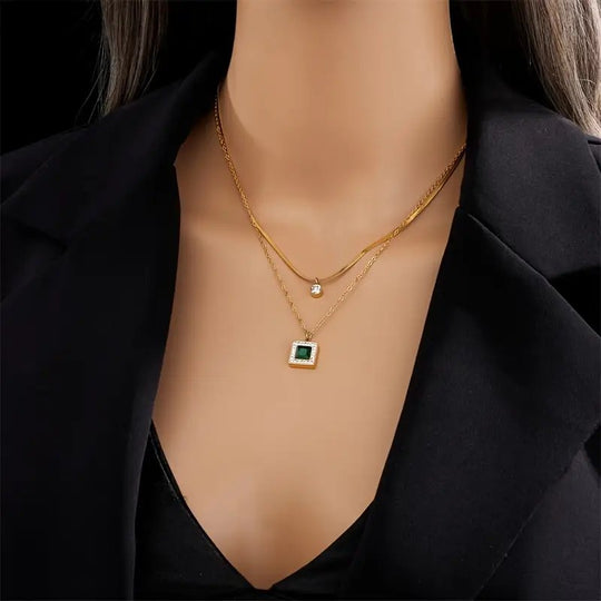 Layered Chain Square Pendant Necklace