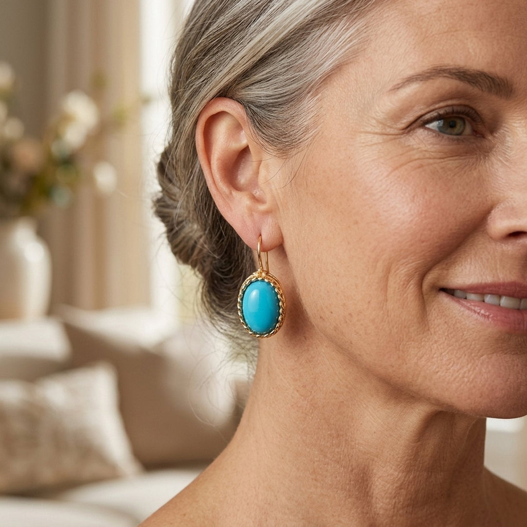 Oval Stone Drop Earrings with Rope Edge Setting