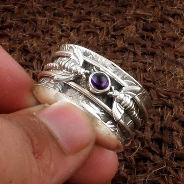 Sterling Silver Amethyst Feather Spinner Ring
