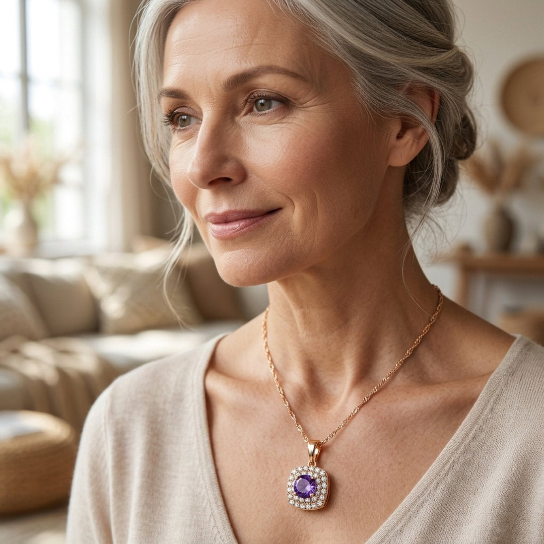 Halo-Set Amethyst Cushion Pendant Necklace