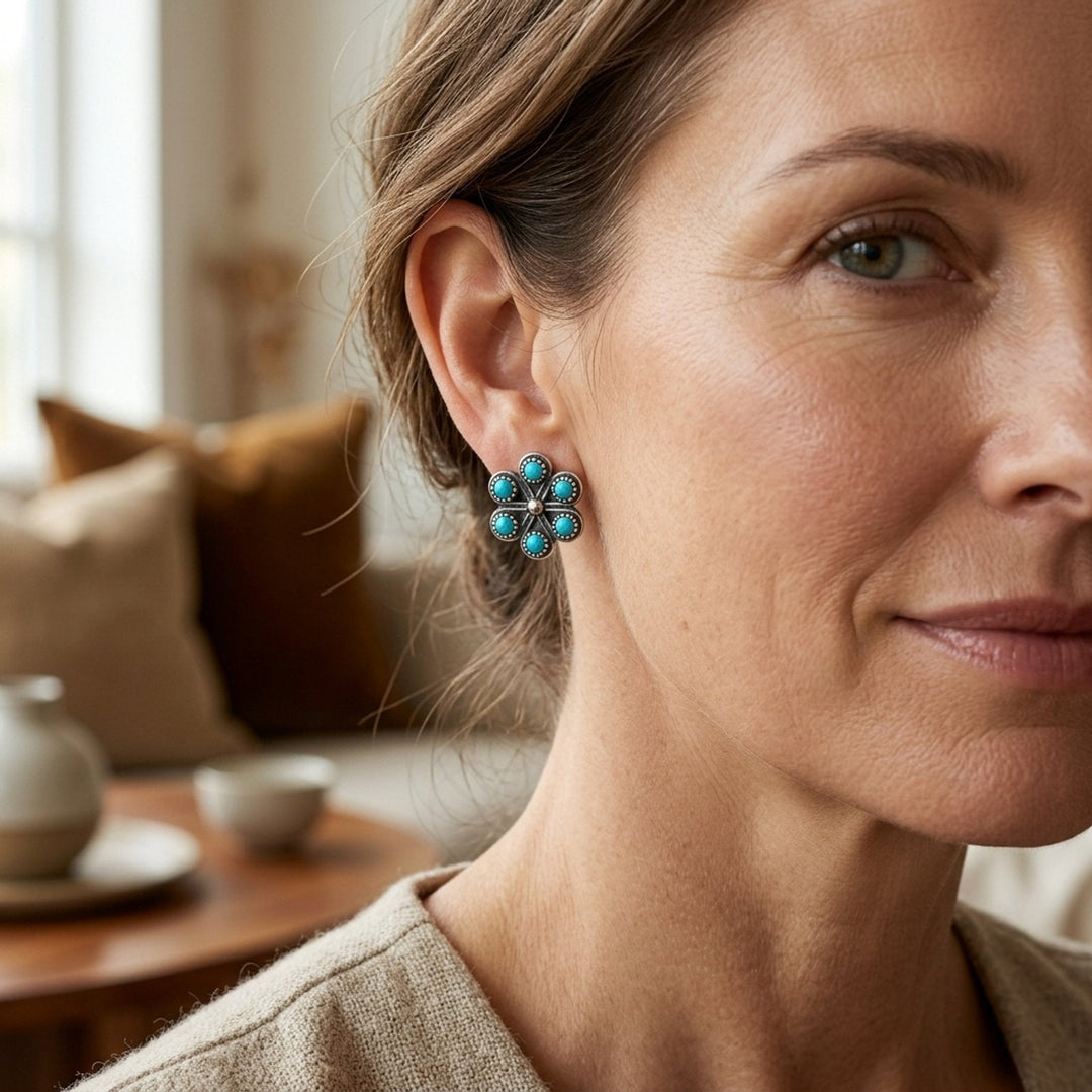Sterling Silver Turquoise Stone Flower Stud Earrings