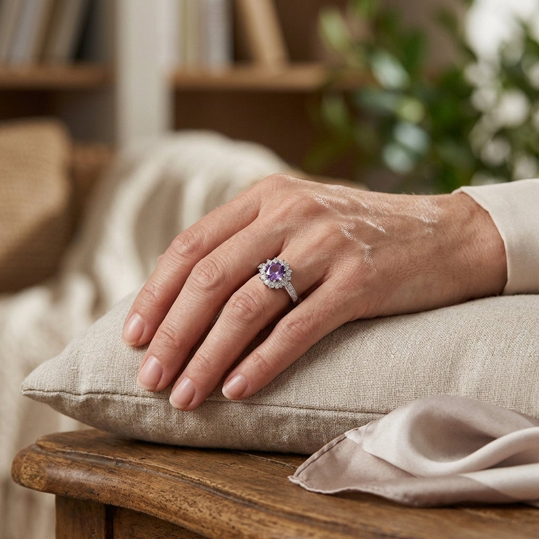 Oval Amethyst Halo Sterling Silver Ring