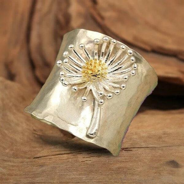 Hammered Silver Daisy Wide Band Ring