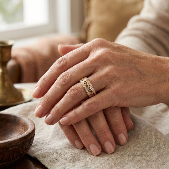 Filigree Diamond-Accented Gold Band Ring