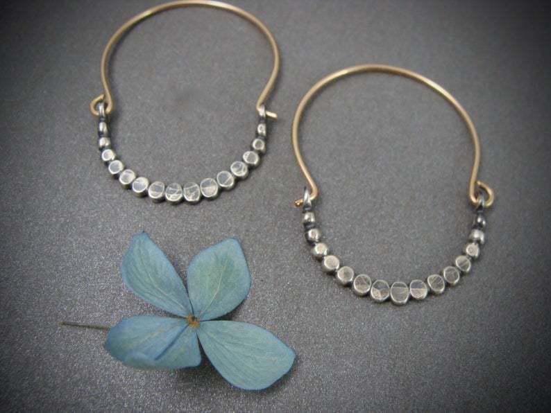 Faceted Silver Bead Gold Wire Hoop Earrings