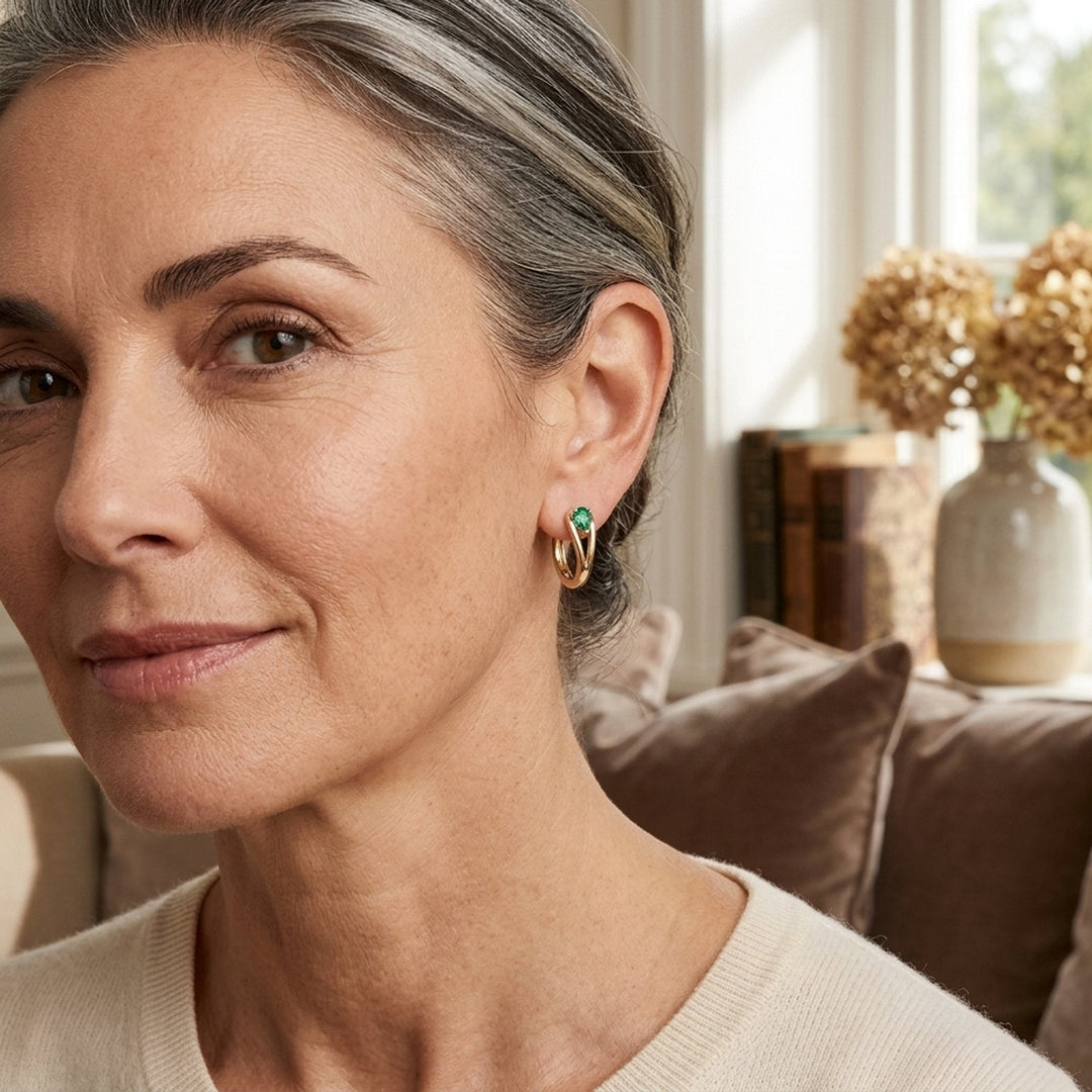 18K Gold Emerald Hoop Earrings