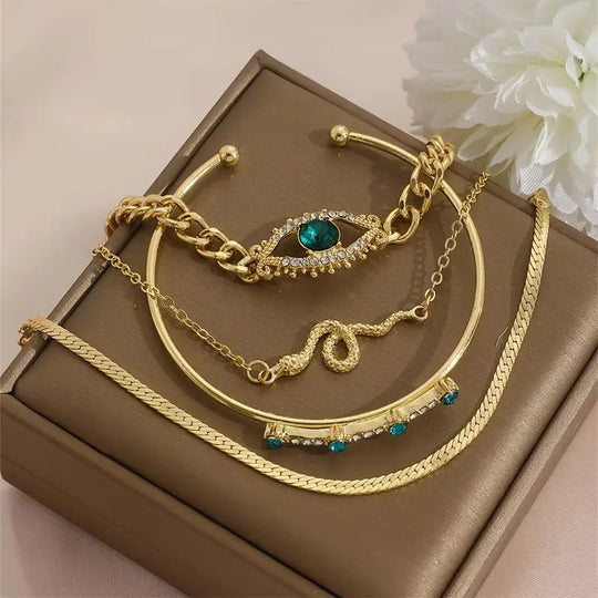 Gold-Plated Emerald Chain Bracelet Set
