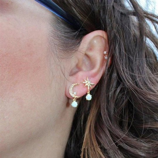 Crescent Moon Star Opal Drop Earrings